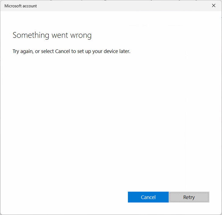 Something went wrong. Try again or select Cancel to set up your device later