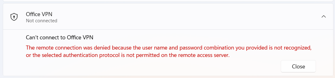 The remote connection was denied because the user name and password combination you provided is not recognized...