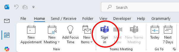 Outlook "Teams Meeting" button shows "Sign In"