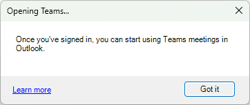 Message: "Once you're signed in, you can start using Teams meetings in Outlook."