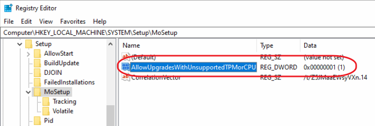 Registry Editor - HKEY_LOCAL_MACHINE\SYSTEM\Setup\MoSetup