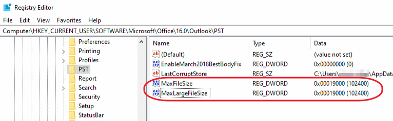Registry Editor: HKEY_CURRENT_USER\Software\Microsoft\Office\16.0\Outlook\PST
