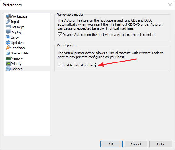 VMware Workstation Preferences - Enable virtual printers