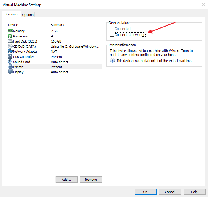 VMware Workstation Preferences - Connect at power on