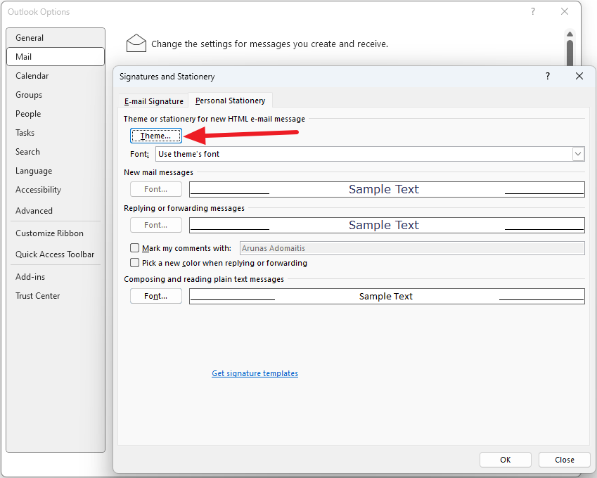 Outlook Settings > Stationary and Fonts > Theme