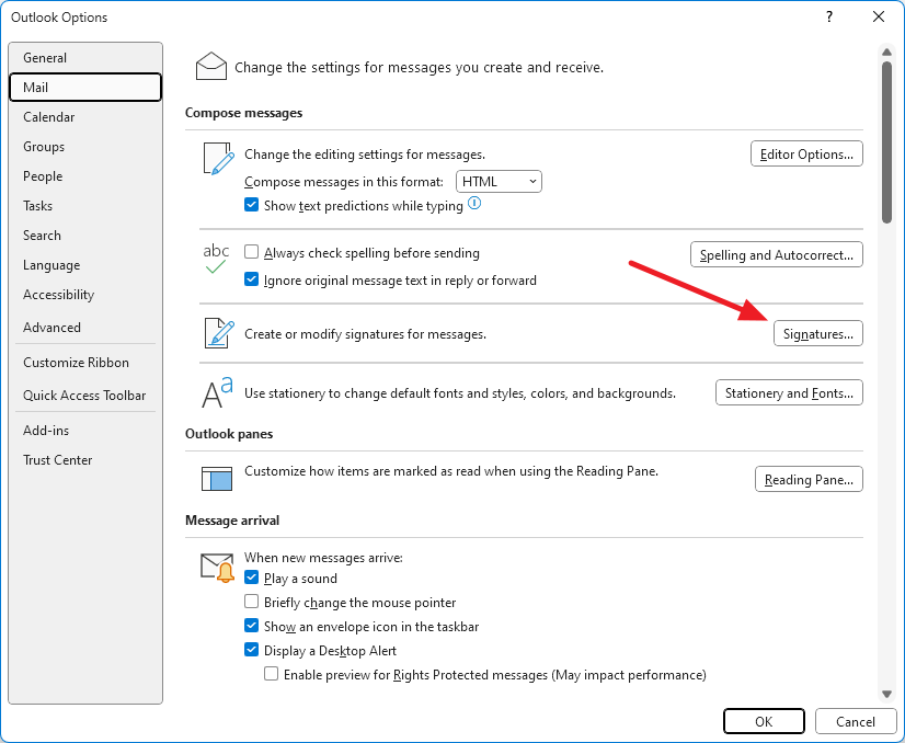 Outlook Settings > Signatures