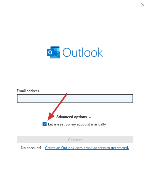 Outlook - Let me set up my account manually