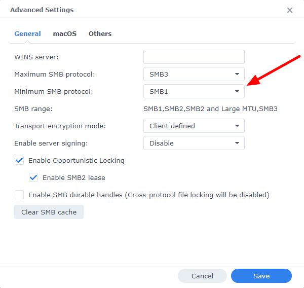 Synology NAS > Minimum SMB protocol
