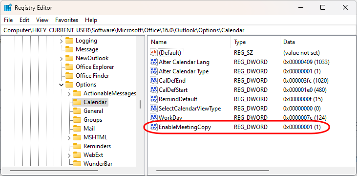 Registry Editor - HKEY_CURRENT_USER\Software\Microsoft\Office\16.0\Outlook\Options\Calendar