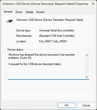 Device Manager - Windows has stopped this device because it has reported problems. (Code 43).