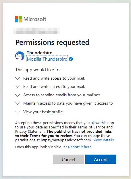Microsoft - Thunderbird OAuth Permissions Request