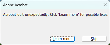 Error message: Adobe Reader quit unexpectedly