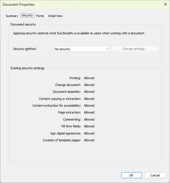 PDF Document Properties - No Security