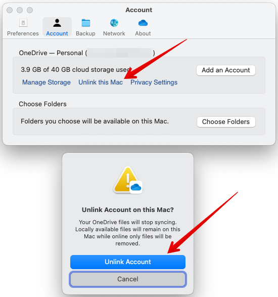 OneDrive - Unlink Account