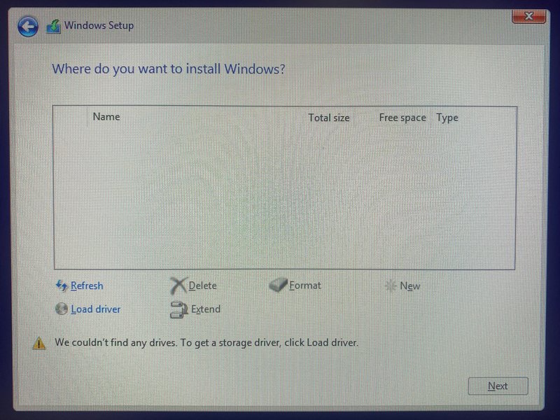 Windows 10 installation - Where do you want to install Windows - We couldn't find any drives