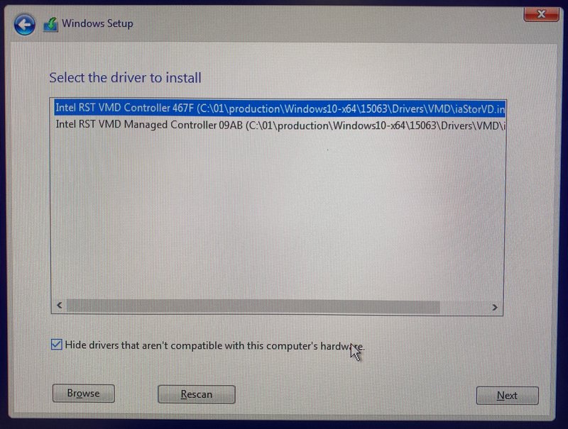 Windows 10 installer - Select the driver to install
