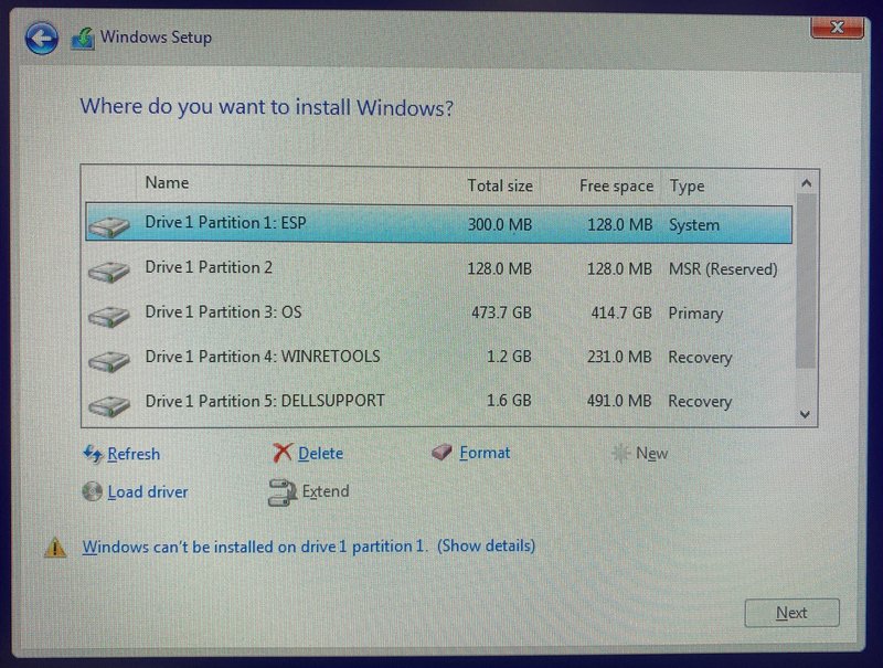 Windows 10 installer - Where do you want to install Windows?