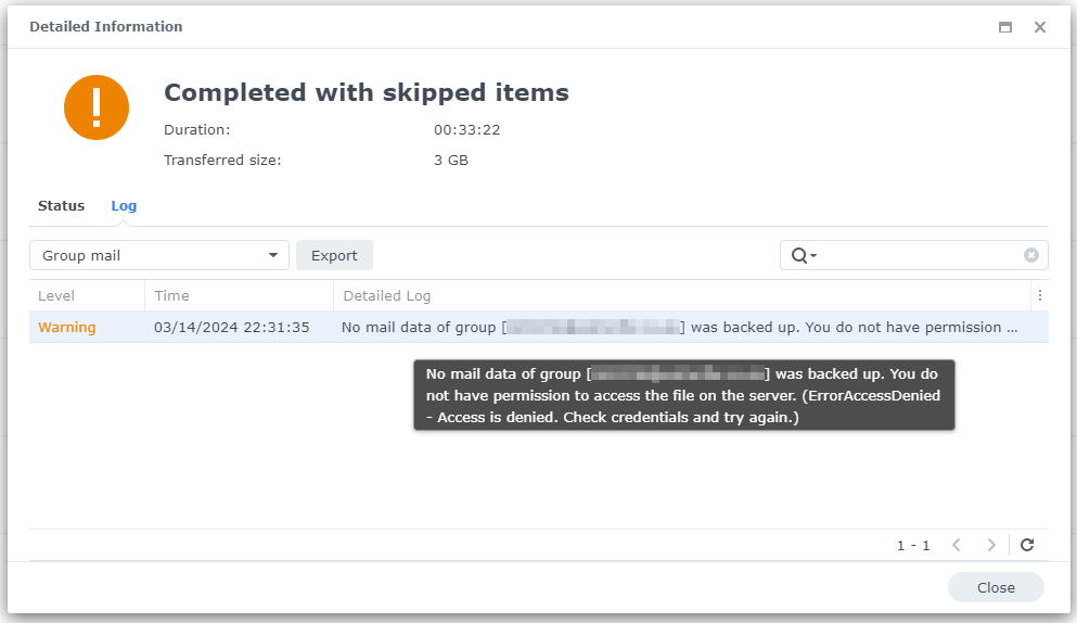 Synology Active Backup for Microsoft 365 - Completed with skipped items.