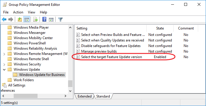 Select the target Feature Update version