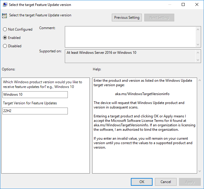 Which Windows product version would you like to receive feature updates for