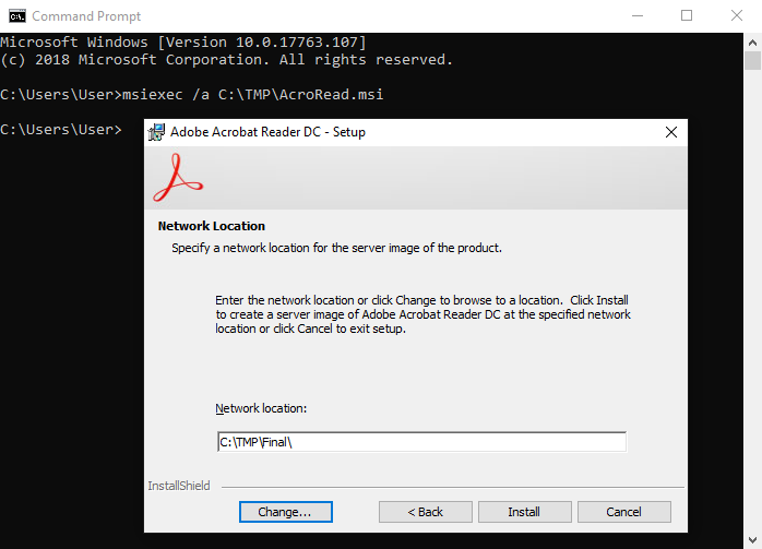 msiexec /a C:\TMP\AcroRead.msi