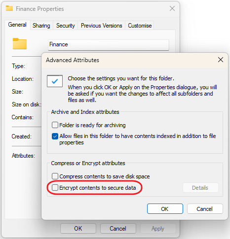 Windows Folder Properties - Encrypt contents to secure data