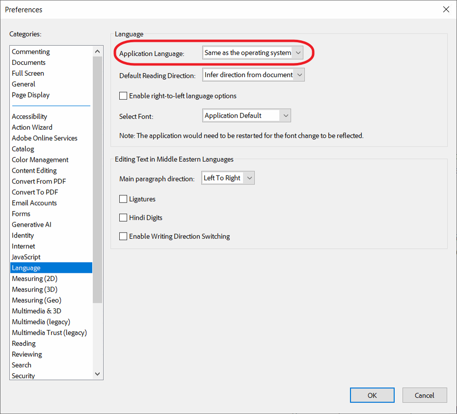 Adobe Acrobat Preferences > Language