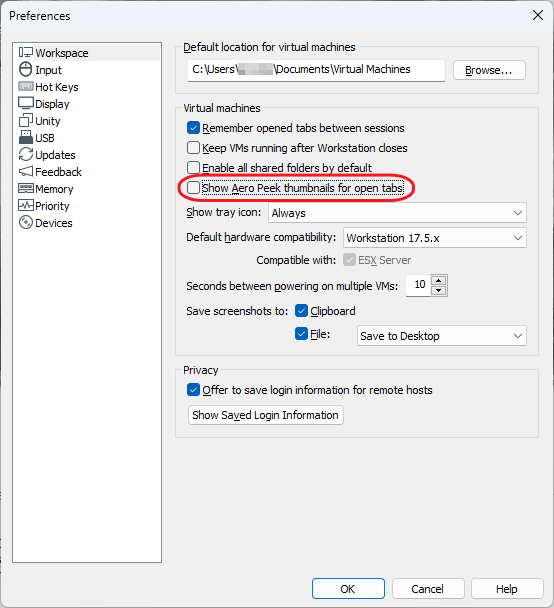 VMware Workstation Preferences